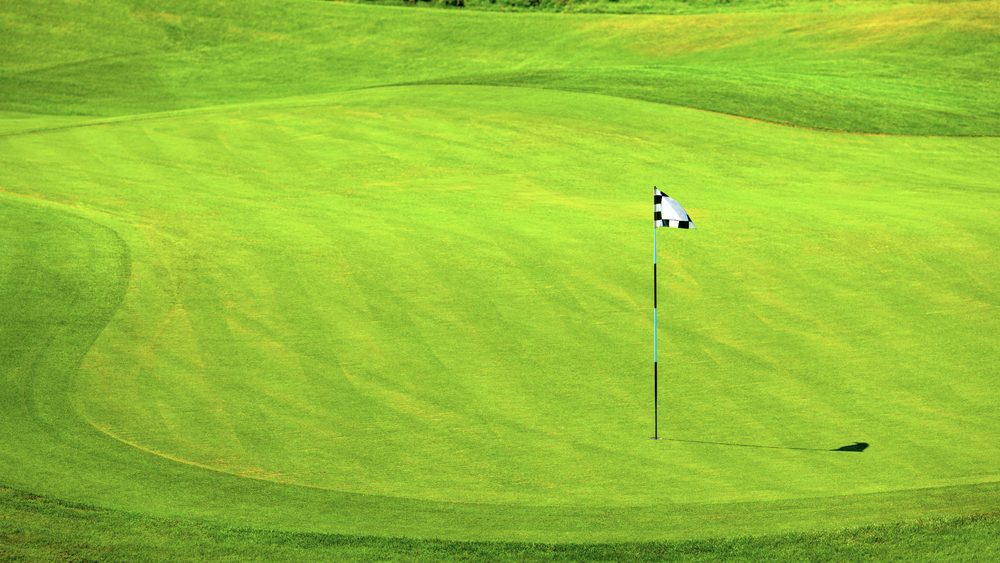 Golf green viewed through tinted lenses — surface detail preserved for reading putts
