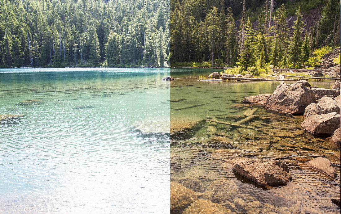 Tinted vs polarized lenses comparison — tinted lenses preserve surface detail while polarized removes it